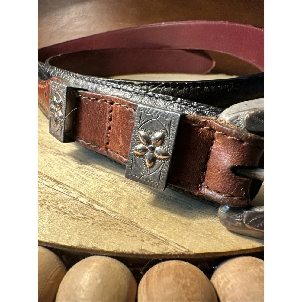 Brighton Belt Womens 36 Two Tone Black Brown And Silver Decor Western